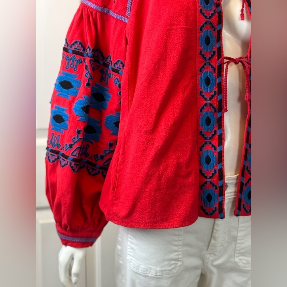 Free People Linen/Cotton Blend Vibrant Red Bohemian Jacket Blue Floral Accents L - Picture 7 of 15